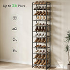 Nunsino Narrow Shoe Rack, 12-Tier Metal Shoe Organizer,Tall Shoe Shelf with Anti-Tip Strap, Max Holds 26 Pairs,Space Saving for Closet,Entryway,Black