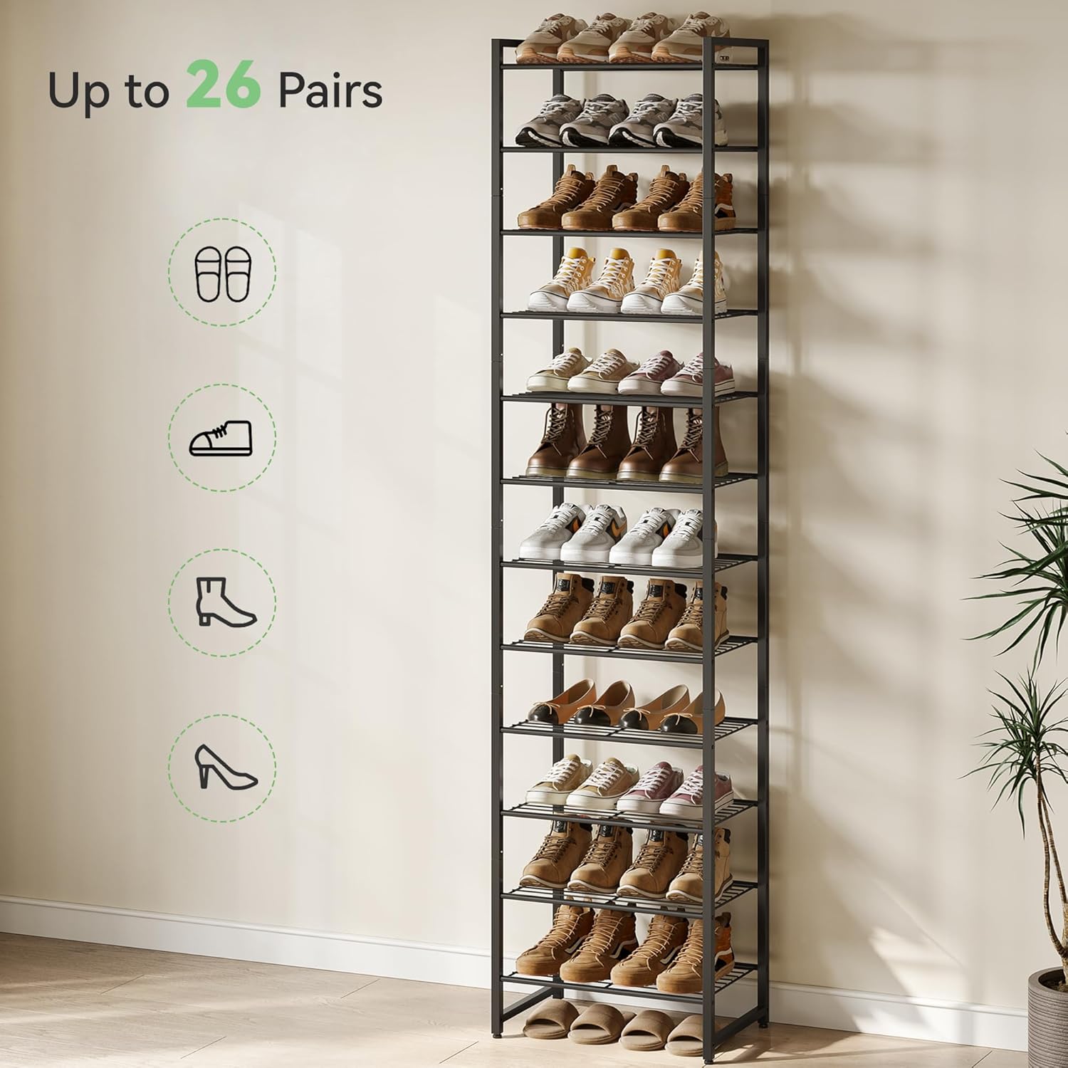 Nunsino Narrow Shoe Rack, 12-Tier Metal Shoe Organizer,Tall Shoe Shelf with Anti-Tip Strap, Max Holds 26 Pairs,Space Saving for Closet,Entryway,Black