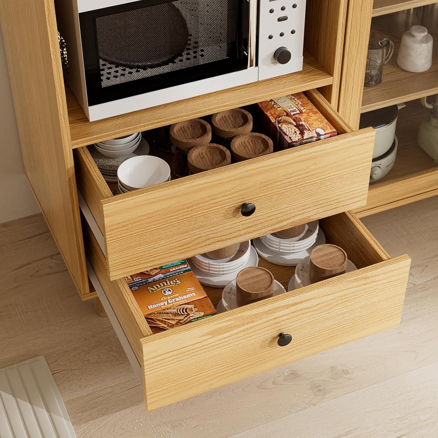 VOWNER Kitchen Hutch Storage Cabinet Microwave Shelf, Freestanding Pantry with 4 Glass Doors and 2 Drawers, Modern Sideboard Buffet Cabinet for Kitchen, Dining Room, Living Room, Wood