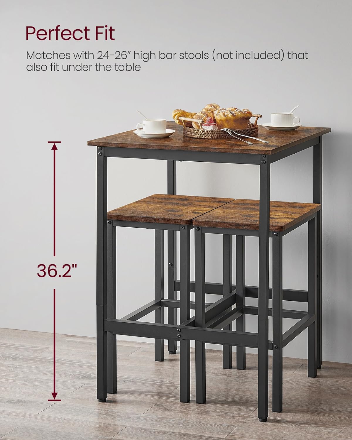 VASAGLE Bar Table, Kitchen Dining, High Top Pub, Bar Height Cocktail for Living Room Party, Sturdy Metal, 23.6 x 23.6 x 36.2 Inches for Narrow Spaces, Rustic Brown and Ink Black