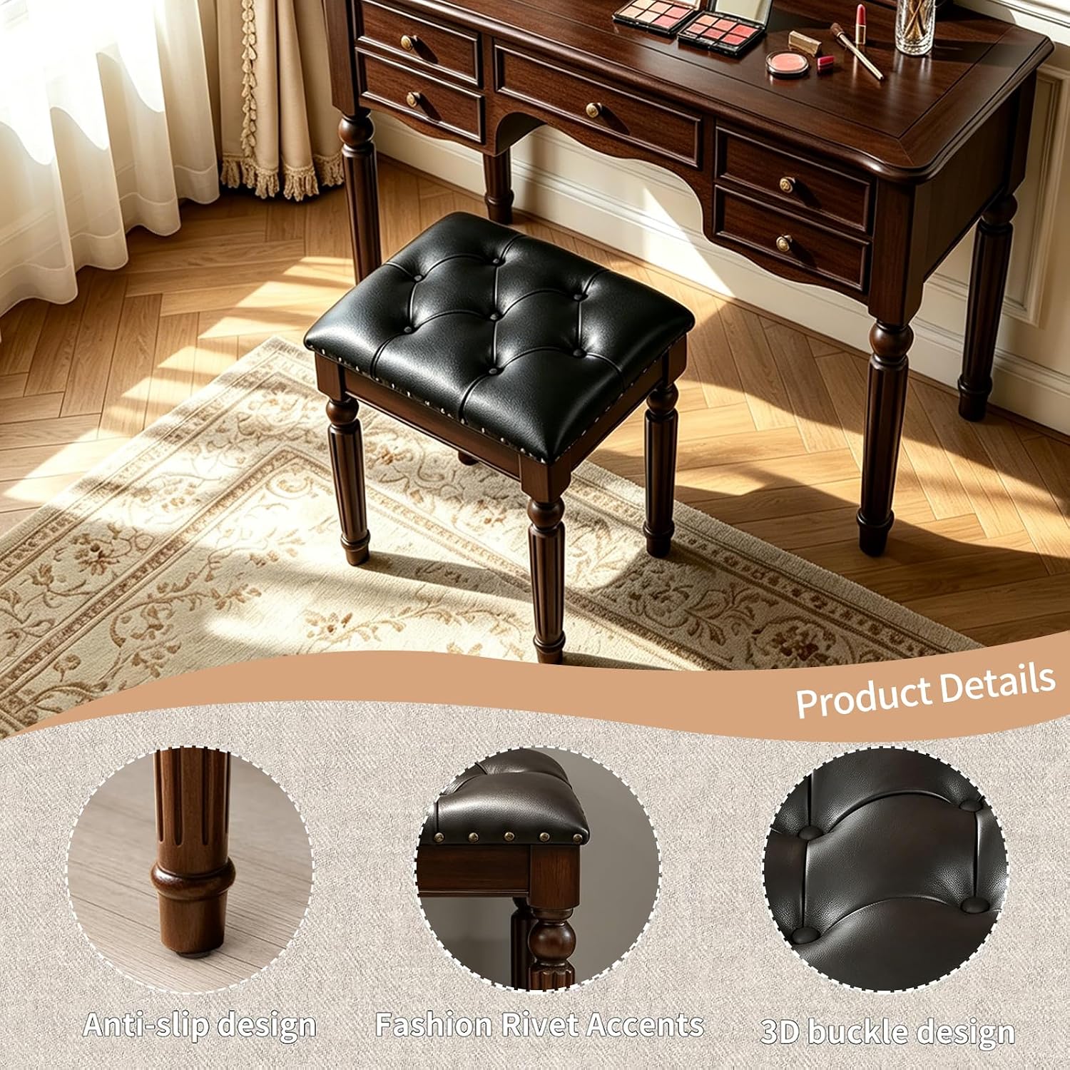 Black Faux Leather Vanity Stool | Small Tufted Bench, Nailhead Trim, Leatherette Seat, Carved Walnut-Finish Solid Wood Legs, Backless Makeup Stool
