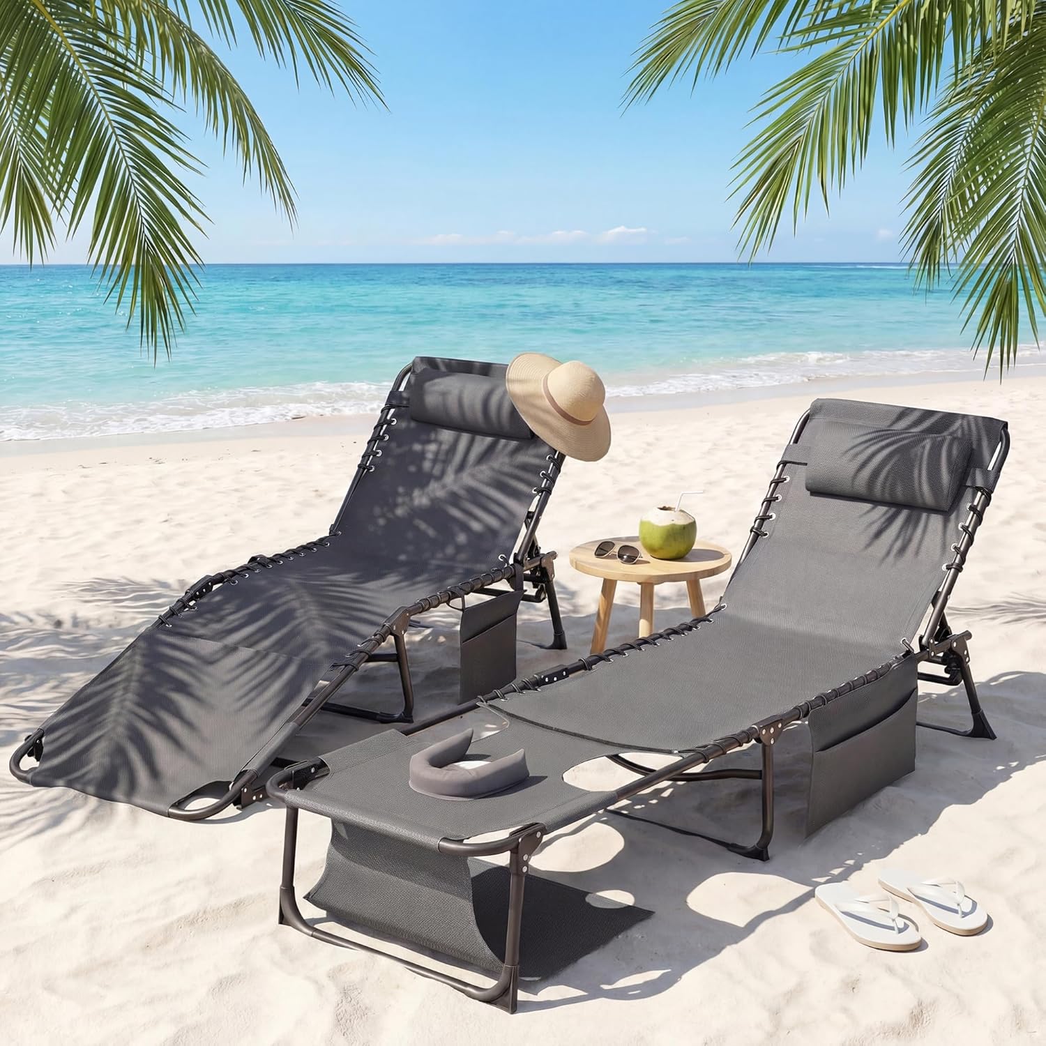 Flamaker Oversize Face Down Chaise Lounge Chair | 27 Inch Wide Foldable Outdoor Patio Chair, 5-Position Adjustable Tanning Chair with Face& Arm Holes (Grey, 1 Pcs)