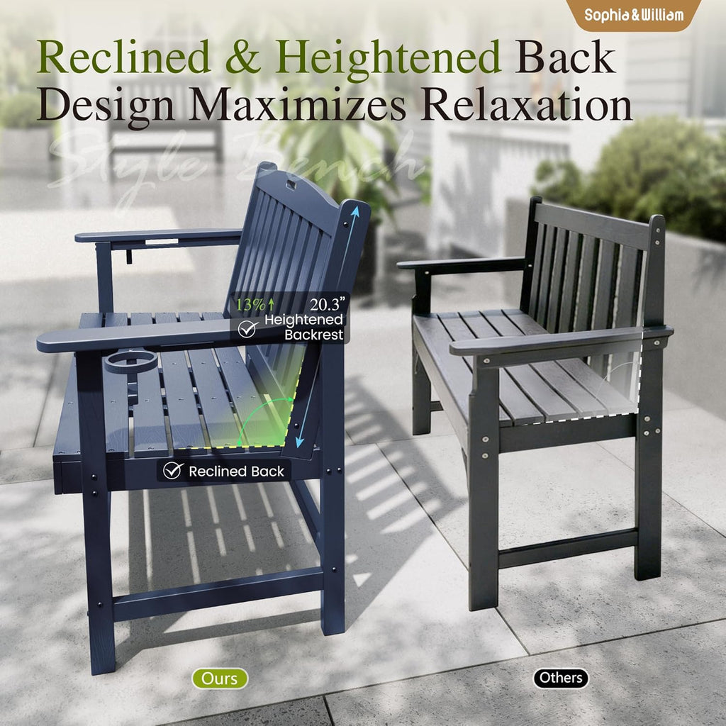 Sophia & William HDPE Outdoor Bench Weatherproof, 2-Person Garden Bench with Cup Holders, 700 lbs Capacity, Patio Benches for Porch, Garden, Backyard and Park, Navy