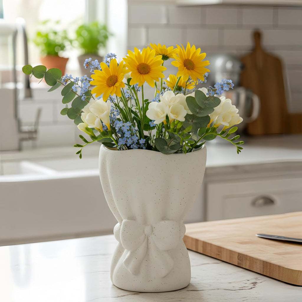 Lvases Bow Knot White Ceramic Decorative Flower Vase for Home Decor | Textured Frosted Speckled White Minimalist Vases for Bedroom Living Room Table Centerpiece Matches Fresh & Dried Flowers
