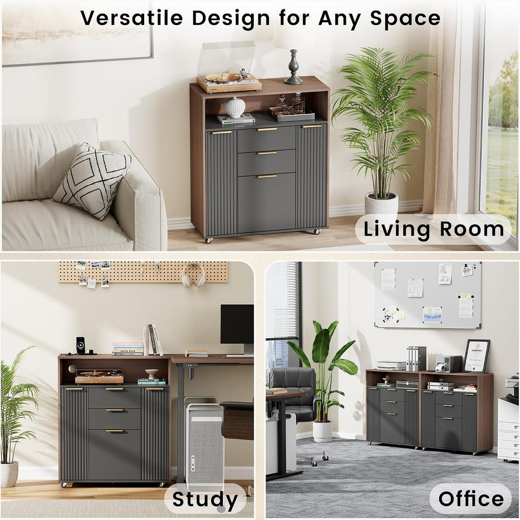 ModernMate Fluted Mobile Office File Cabinet with 3 Drawers, 37" Rolling Storage Cabinet with Charging Station, Small Printer Stand for Home Office, Black Walnut