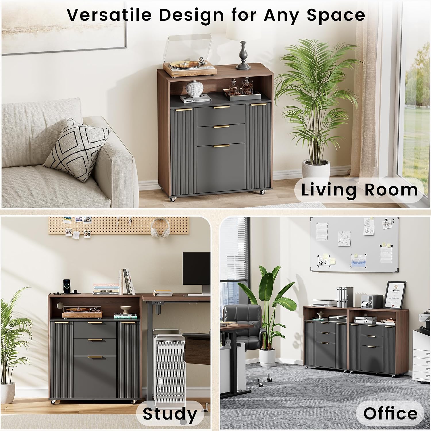ModernMate Fluted Mobile Office File Cabinet with 3 Drawers, 37" Rolling Storage Cabinet with Charging Station, Small Printer Stand for Home Office, Black Walnut