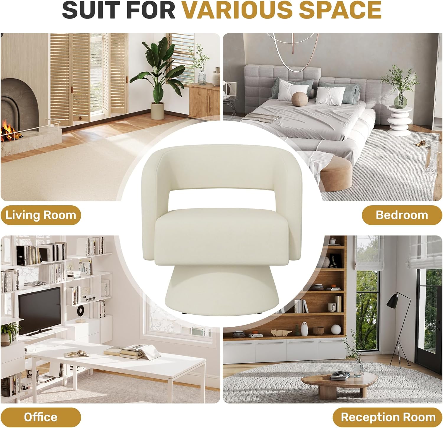 Nebuaegis Swivel Accent Chair Set of 2, Modern Comfy Chenille Barrel Chairs, Oversized Upholstered Round Arm Chair for Living Room, Bedroom, Reading Room, Beige