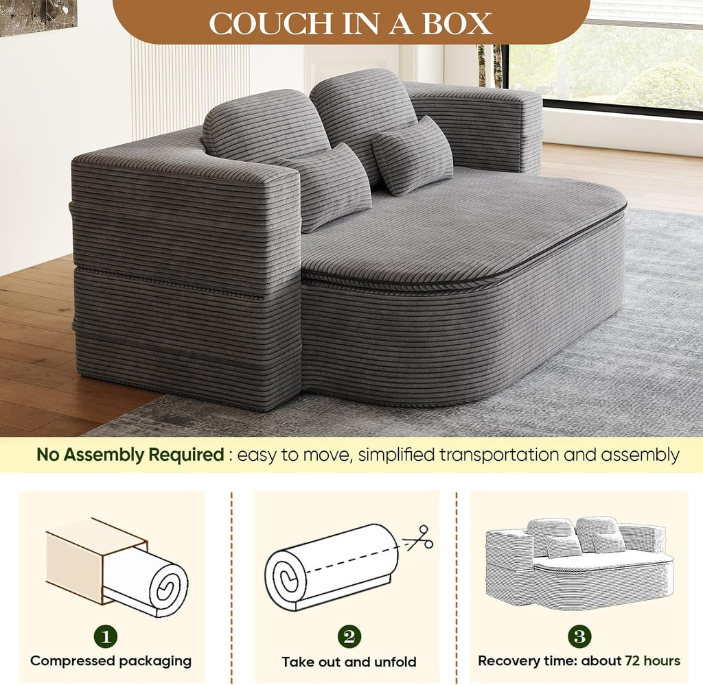 Antetek Convertible Sleeper Sofa, Modern Folding Futon Corduroy Floor Foam Compression Loveseat Sofa Bed Couch, Foldable Full Size Guest Bed with 4 Pillows for Living Room Bedroom Apartment, Grey
