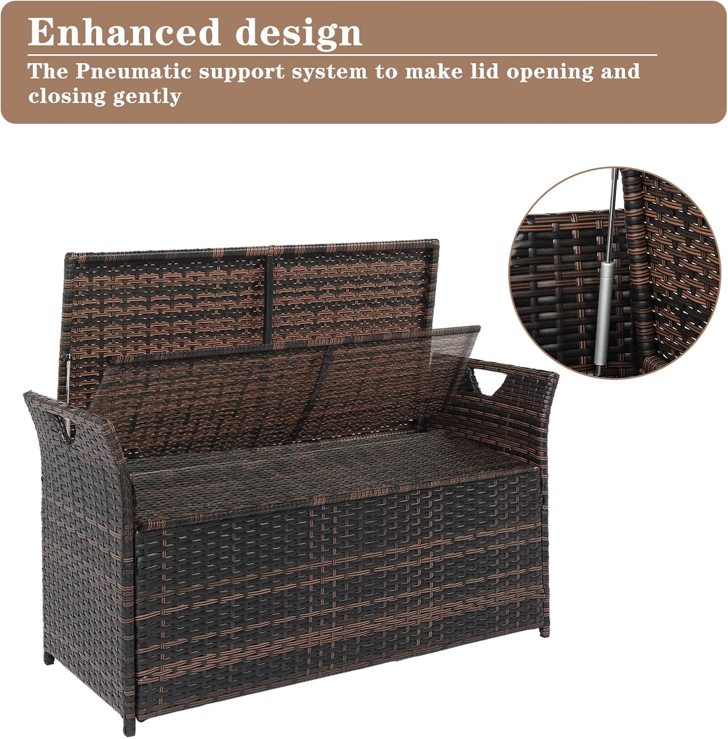 Outdoor Storage Bench, Wicker Rattan Deck Box with 2-Inch Thick Soft Cushion, Water Resistant Cushion Cover with Zipper for Patio Backyard Deck Poolside, Brown Gradient, 42 Inch