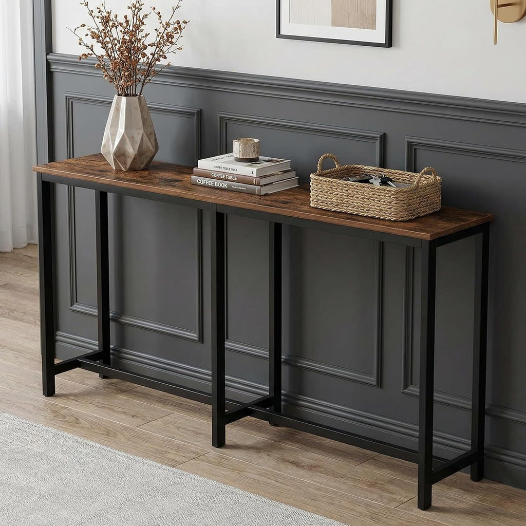 Homleke 71" L Narrow Bar Table, Counter Height Pub Desk, Rustic Brown and Black