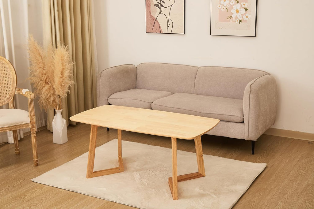 Mid-Century Modern Rectangular Coffee Table, Solid Wood Small Coffee Table with Unique Z-Shaped Legs, Minimalist Natural Wood End Table for Living Room, Apartment, Small Space, Easy Assembly