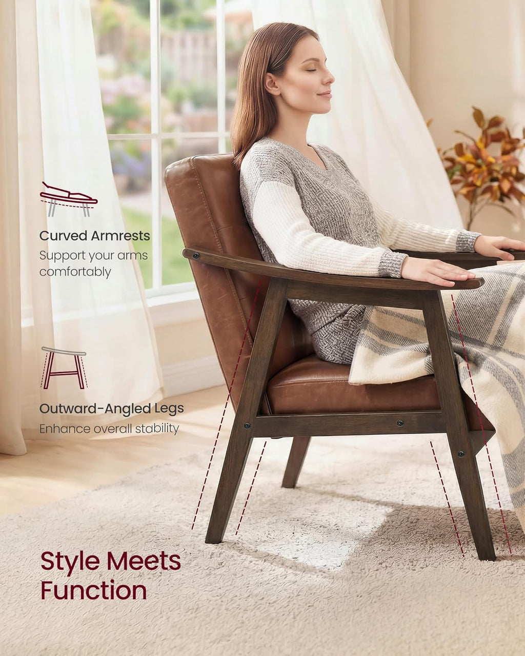 VASAGLE Accent Chair, PU Leather Armchair, Button Tufted Living Room Chair, Thick Cushion, Mid Century Modern Lounge Seating for Bedroom, Reading Nook, Home Office, Brown ULYY200KZ02S