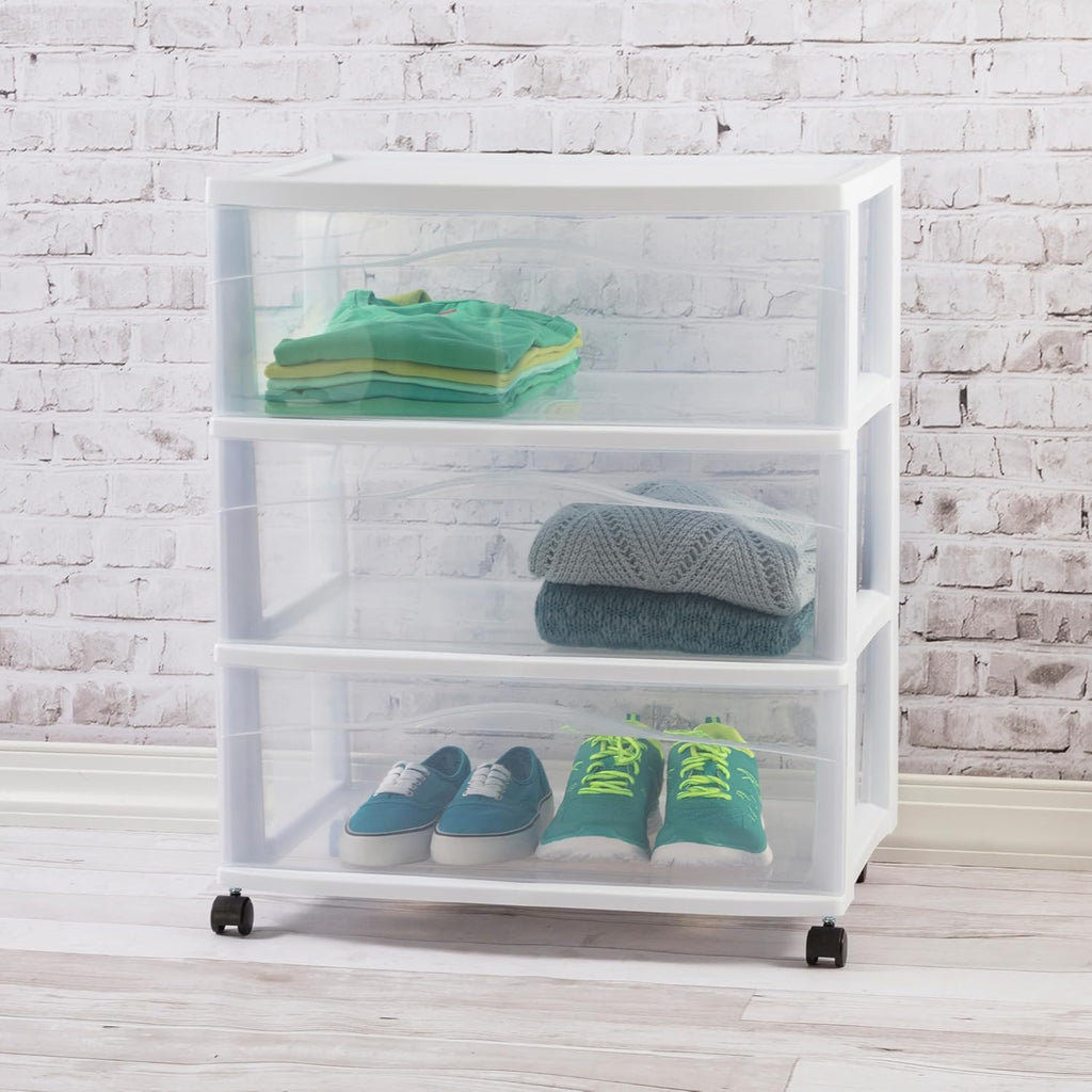 Sterilite Wide 3-Drawer Cart, Plastic Storage Organizer Drawers with Wheels, White - Rolling Multipurpose Bins for Dresser, Closet, Cabinet, Bedroom, Bathroom, and Office Organization