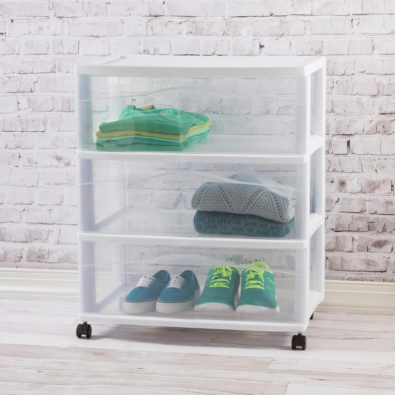 Sterilite Wide 3-Drawer Cart, Plastic Storage Organizer Drawers with Wheels, White - Rolling Multipurpose Bins for Dresser, Closet, Cabinet, Bedroom, Bathroom, and Office Organization