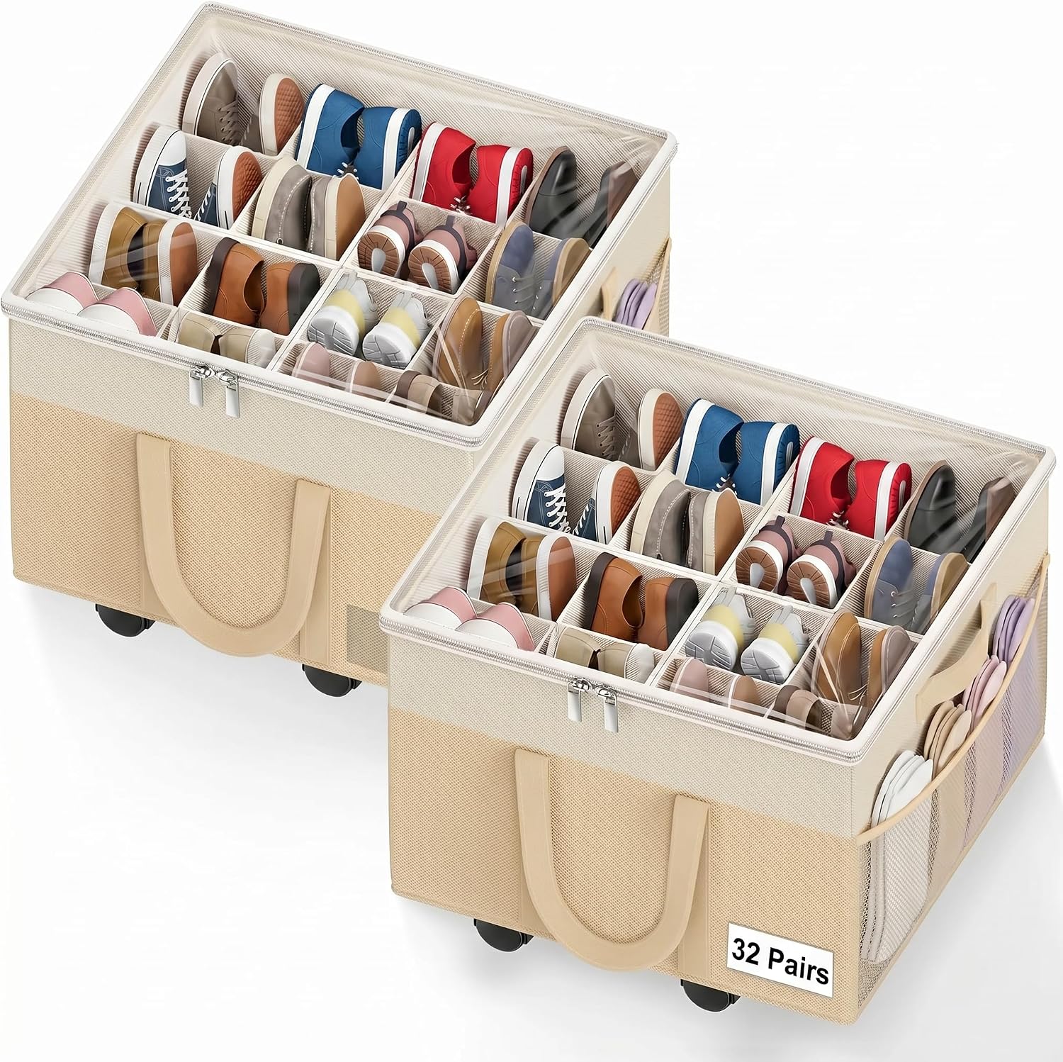 2 Pack Large Shoe Organizer for Closet, 32 Pairs Shoe Storage Box with 360° Wheels & Reinforced Handles, Adjustable Dividers, Clear Cover, Side Pocket, Foldable Oxford Fabric Bin for Entryway, Beige