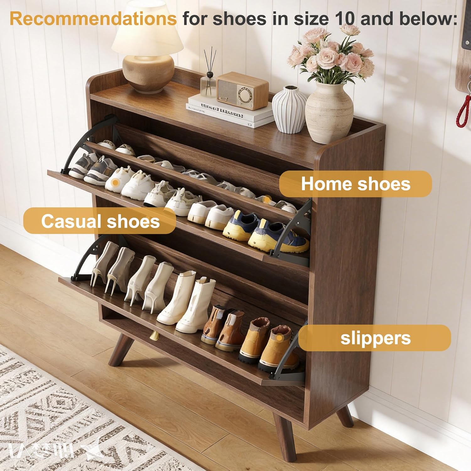 Decofy 37.6” Shoe Cabinet with 2 flip-Down Drawers, Three Adjustable Levels, Suitable for entryway, Hallway, and Living Room (Walnut)