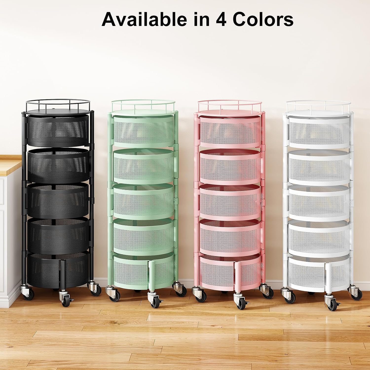 SAYZH Fruit Vegetable Basket for Kitchen, Rotating Storage Rack, 5 Tier Rolling Cart with top lid, Large Metal Wire Wheels, Pink