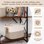 Goodpick Woven Storage Basket, Cotton Rope Basket for Dog Toys, Books, Stylish Gift Basket with Handles, 13 x 10 x 9 Inches Square Baskets for Organizing, Brown and White