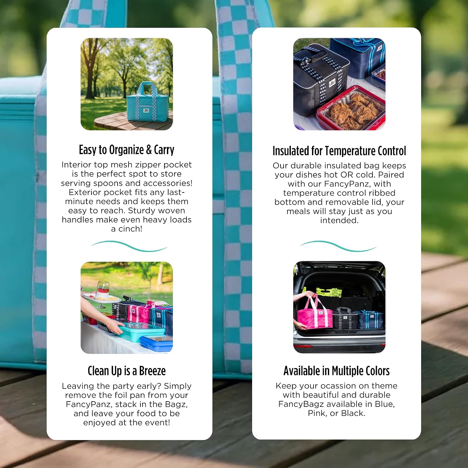 Fancy Panz Insulated Casserole Carrier Bag - Aqua Thermal Food Transport Bag for Hot & Cold Dishes - Holds 2 Portable Insulated Bag for Potlucks, Parties, Tailgates & Entertaining