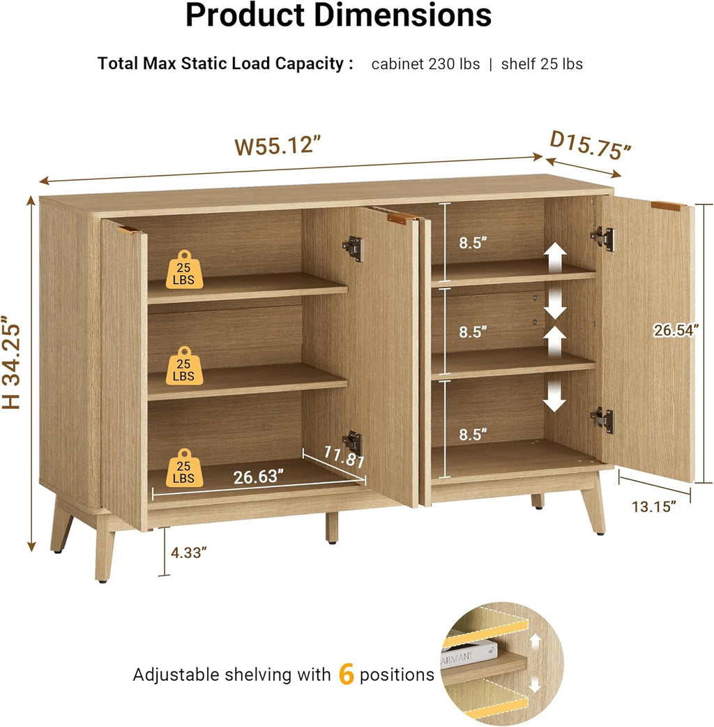 Sideboard Cabinet, 55'' Buffet Cabinet, Modern Fluted Storage Cabinet with Adjustable Shelf & Doors, Accent Credenza Sideboard for Kitchen, Coffee Bar, Living Room, Entryway, Hallway