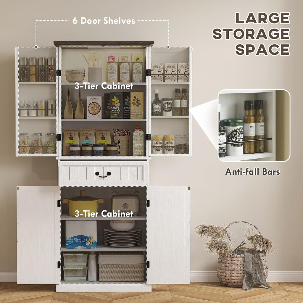 HOMCOM 71" LED Kitchen Pantry Cabinet, Farmhouse Tall Freestanding Storage Cabinet with Door Shelves, Adjustable Shelves and Drawer for Kitchen and Dining Room, Distressed White