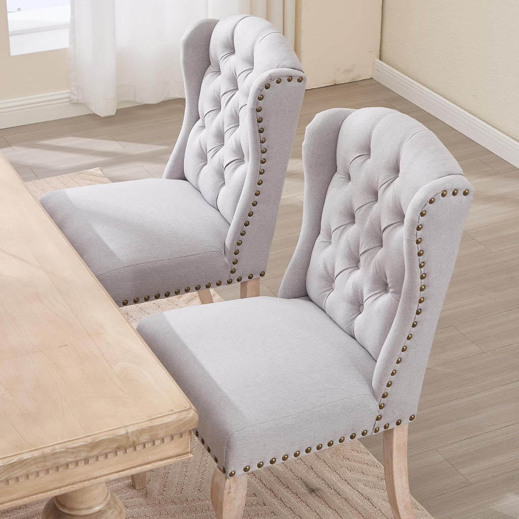 Upholstered Dining Chairs Set of 2 for Kitchen and Dining Room Farmhouse Fabric Tufted Accent Chairs for Living Room and Bedroom with Wooden Legs, Grey