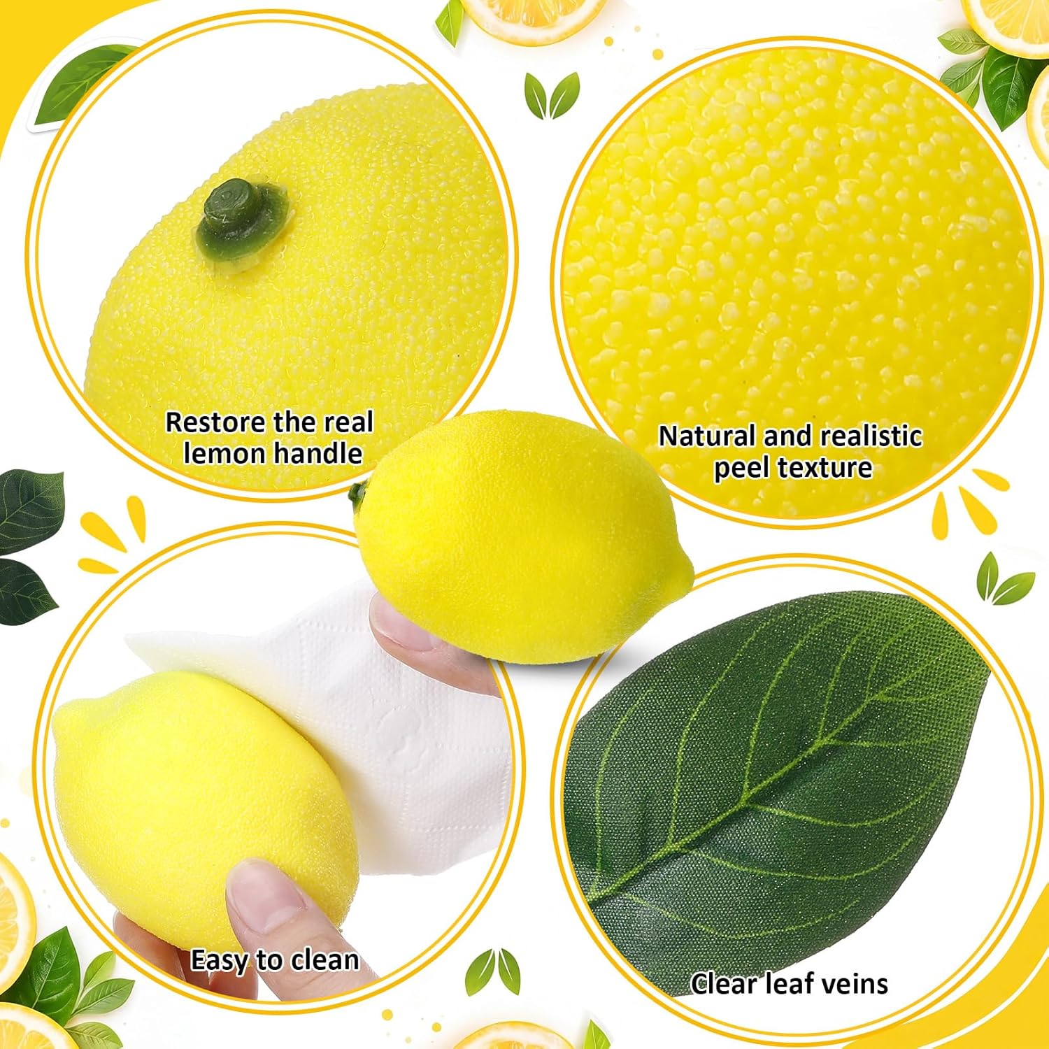 Wavwavw 12 Pcs Fake Lemon Limes Artificial Fruits Faux Lemon Limes 3" x 2" Mix Set with 10 Leaves and 1 Woven Basket Lifelike Fake Fruits Decor for Kitchen Party Table Photo Prop (Yellow)