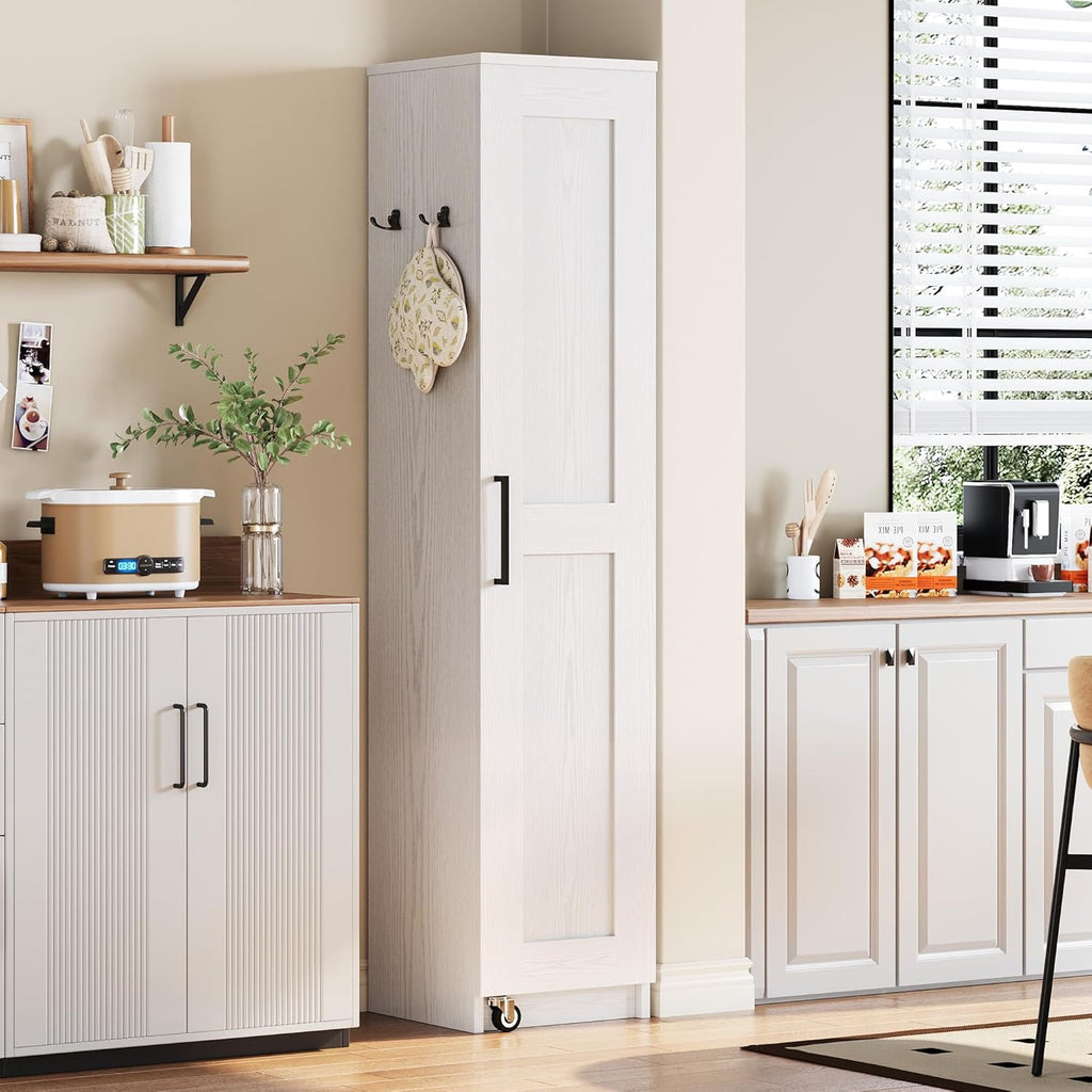 IRONCK Narrow Kitchen Pantry Storage Cabinet, 72" Slim Single Door with 6 Adjustable Shelves, Door Rack and Wheels, Space Saving Freestanding Storage Floor Cabinet for Small Place, White