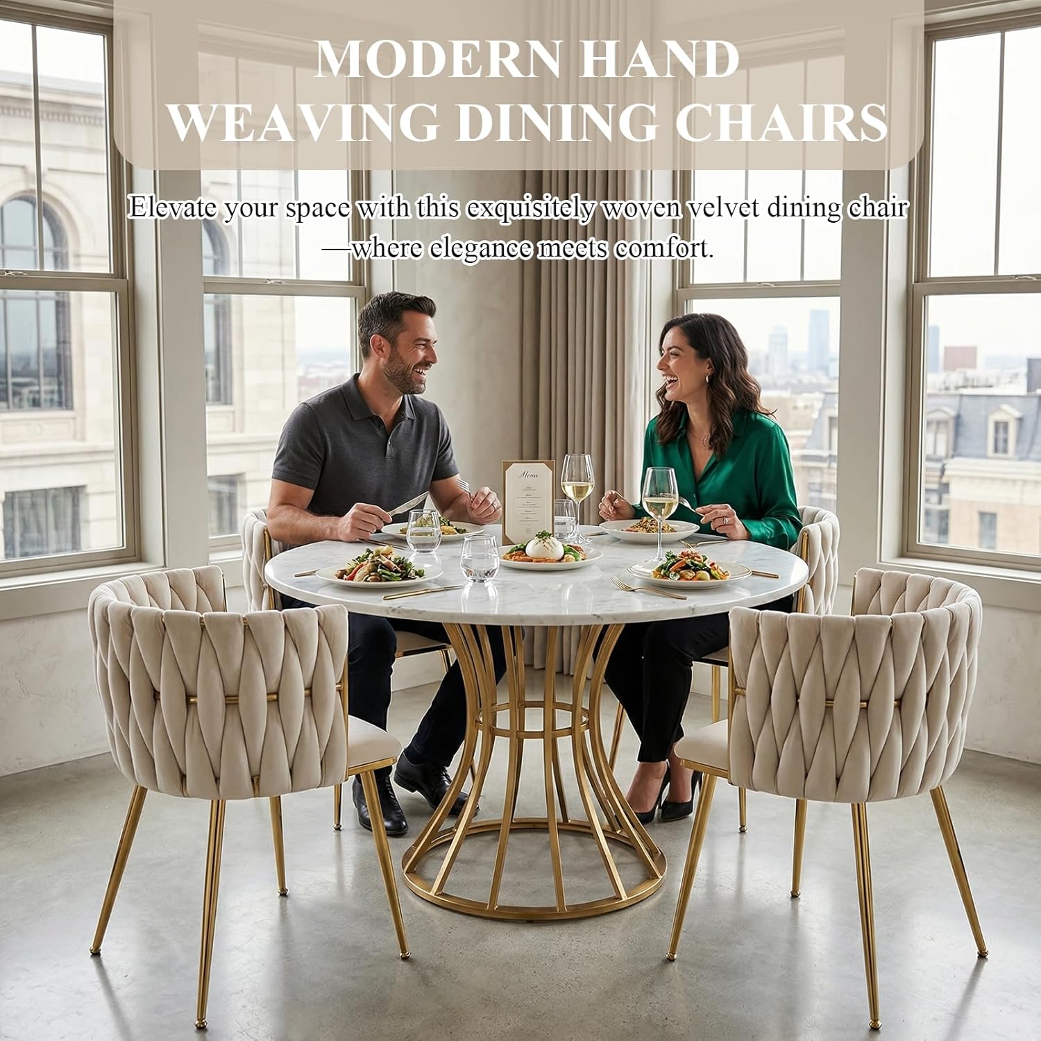 Modern Hand Weaving Dining Chairs Set of 2, Velvet Upholstered Dining Room Chairs with Gold Legs, Elegant Side Chair with Curved Backrest, Accent Chair for Dining Room, Kitchen (Ivory)