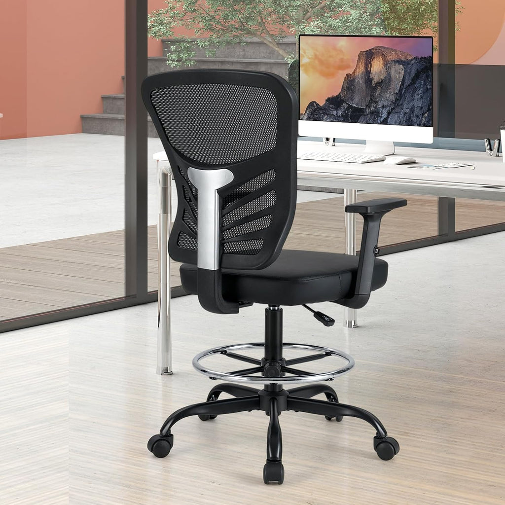 Giantex Drafting Chair, Tall Office Chair with Adjustable Armrests & Footrest Ring, Ergonomic Computer Standing Desk Chair with Lumbar Support for Counter Height Desk, Home Office