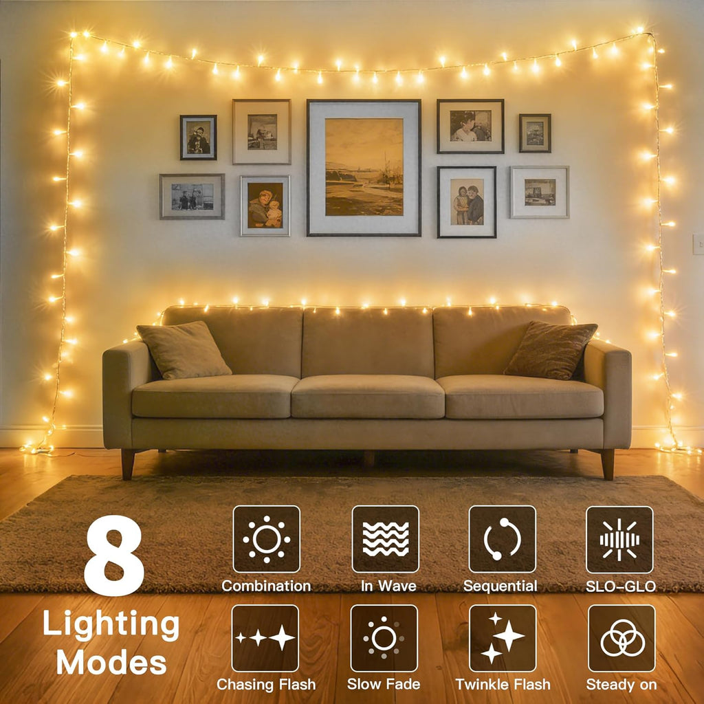 Ollny Fairy Lights Battery Operated 2 Pack, Total 200 LED 66 FT Battery String Lights, Waterproof LED Light with 8 Modes, Bedroom Indoor Outdoor Classroom Party Decorations, Warm White