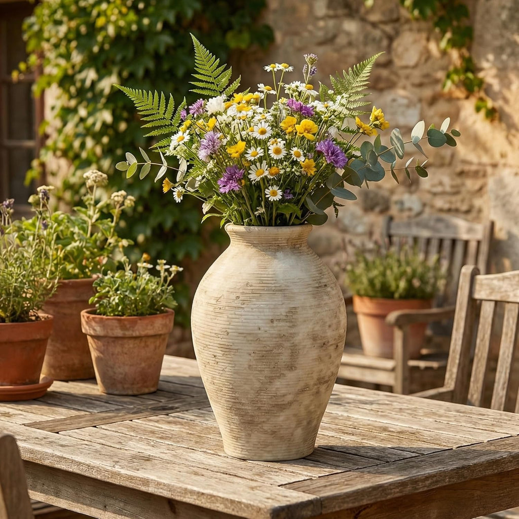 9 Inch Vintage Large White Ceramic Flower Vase | for Living Room, Dining Room, Bathroom Indoor & Outdoor Home Decor