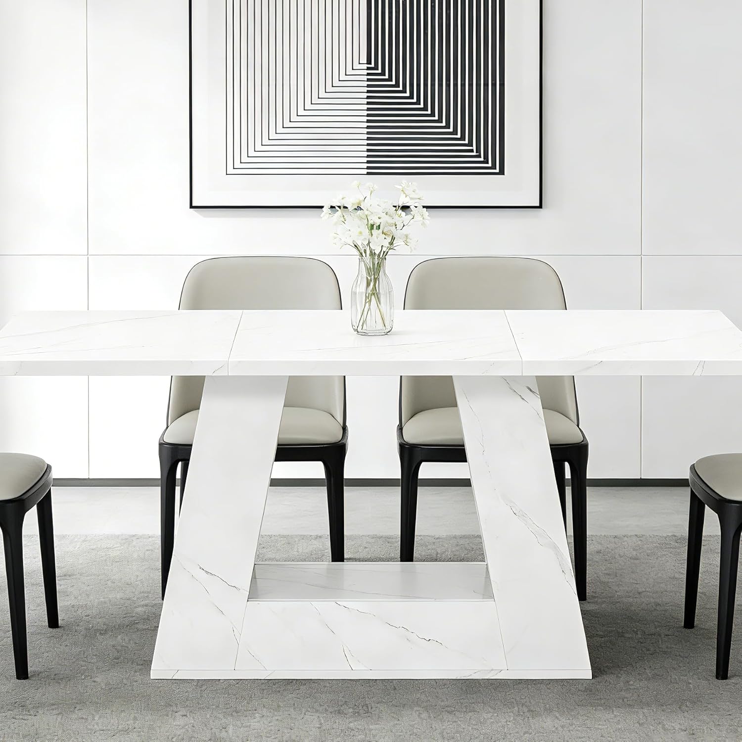 63" White Dining Table for 4-6 People, Modern Faux Marble Wooden Table with Sturdy Base for Dining Room