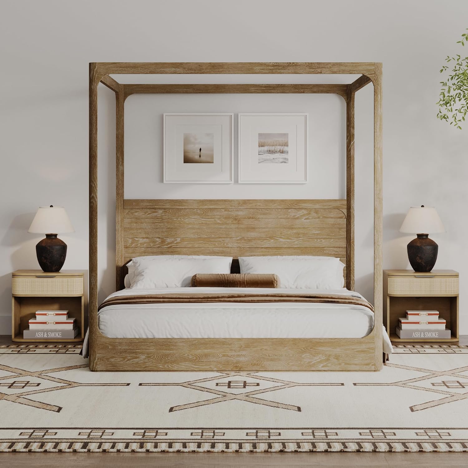 Nathan James Keith Farmhouse Bedside Table, Modern Coastal Nightstand, Rattan Nightstand with 1 Drawer for Bedroom, Light Brown Set of 2
