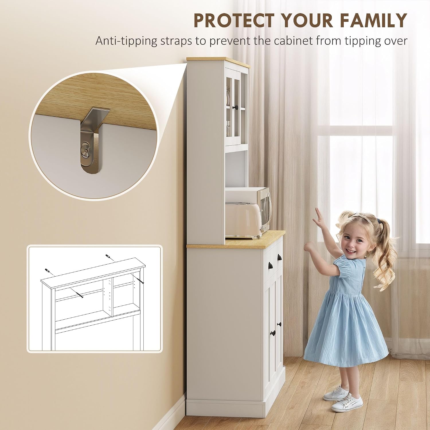 71inch Freestanding Pantry Cabinet — 39.25in Wide, White Finish with Yellow Oak Countertop, 4 Adjustable Shelves, 176lb Max Capacity
