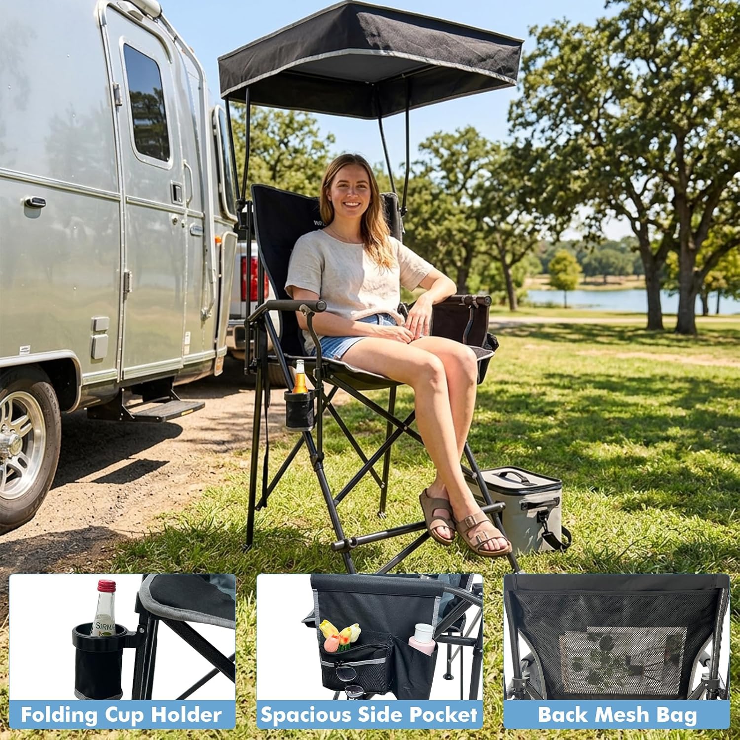 27" Tall Folding Director Chair Oversized with Canopy Shade for Adults Heavy Duty Camping Chair Portable with Footrest & Carry Bag Supports 300 lbs