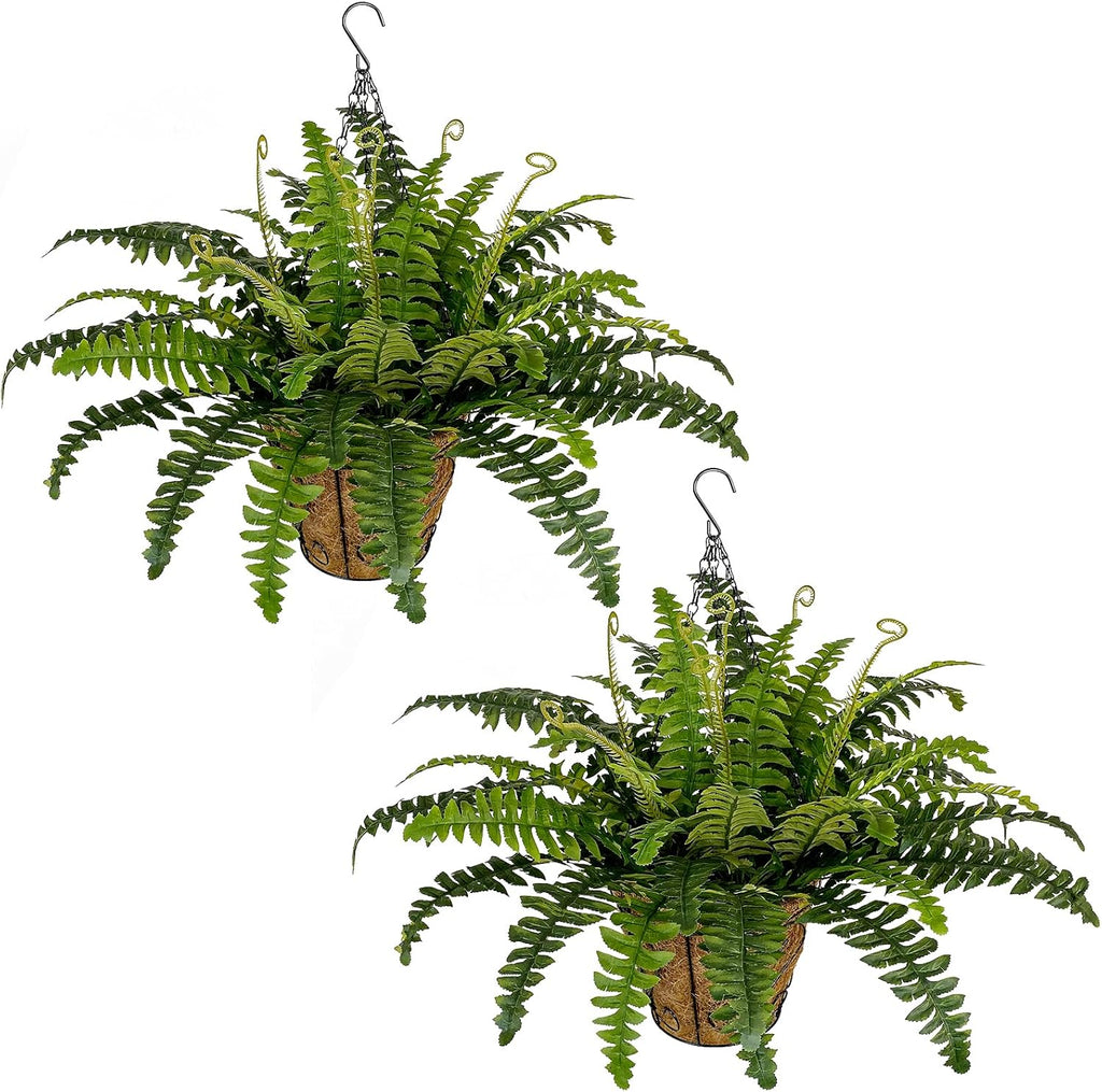 2 Set Artificial Hanging Ferns for Outdoors with Hanging Baskets, UV Resistant Artificial Outdoor Plants, Faux Ferns Outdoor Hanging Basket for Front Porch Garden