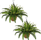 2 Set Artificial Hanging Ferns for Outdoors with Hanging Baskets, UV Resistant Artificial Outdoor Plants, Faux Ferns Outdoor Hanging Basket for Front Porch Garden