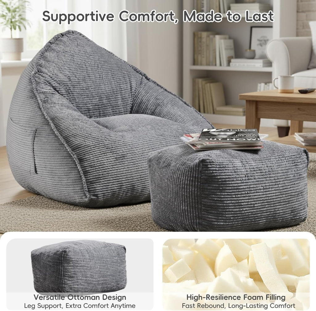 Bean Bag Chair with Ottoman for Adults, Large Corduroy Bean Bag Couch, Boneless Chaise Lounge Reading Chair with High-Resilience Foam, Floor Lounger for Bedroom Living Room (Grey)