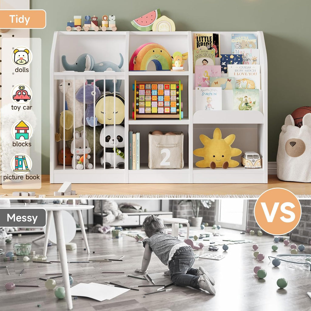ONBRILL Toy Storage Organizer with Bookshelf & Stuffed Animal Storage, Kids Montessori Low Cabinet with 4 Open Cubbies for Kids Room Playroom Nursery Bedroom Living Room (White)