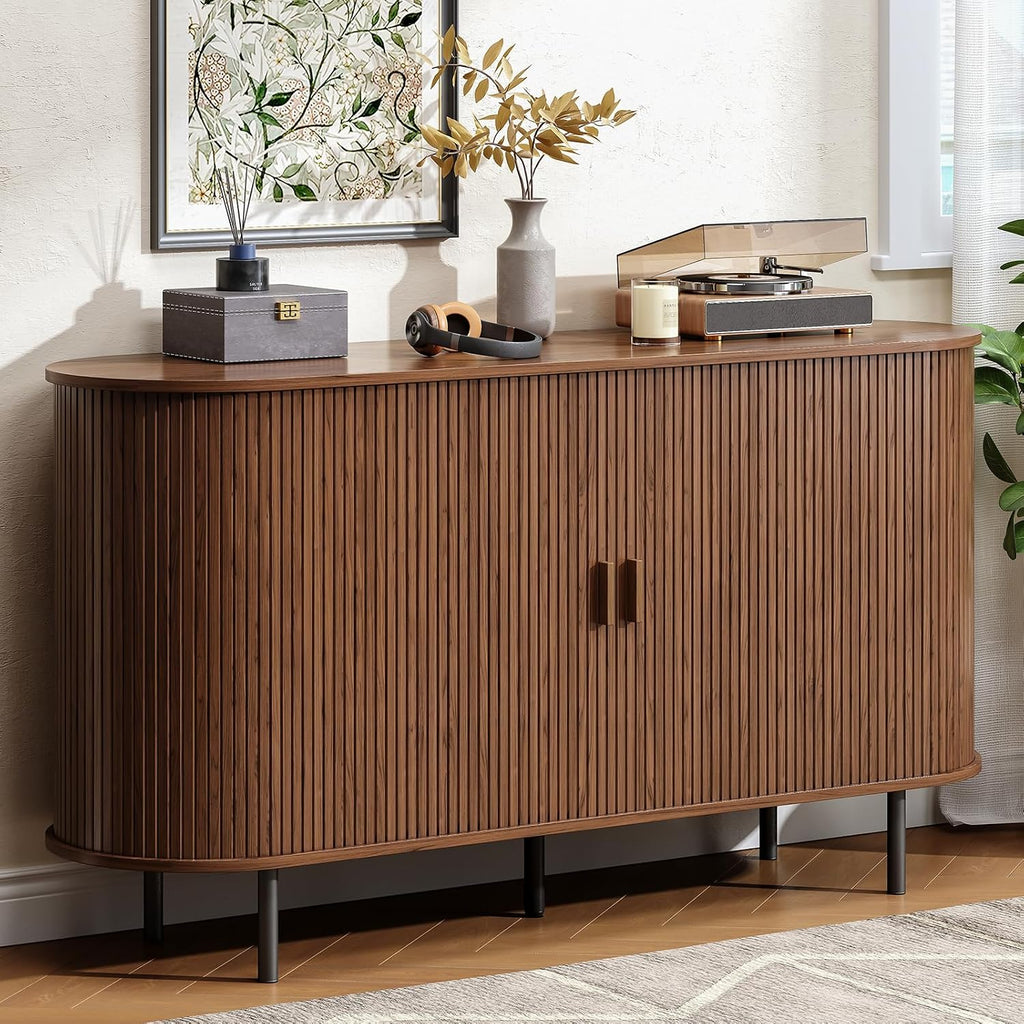 Buffet Cabinet with Storage, 55" Fluted Sideboard Buffet with Sliding Door, Coffee Bar Cabinet with Adjustable Shelf, Console Table, Accent Table for Entryway, Kitchen, Dining Room, Walnut