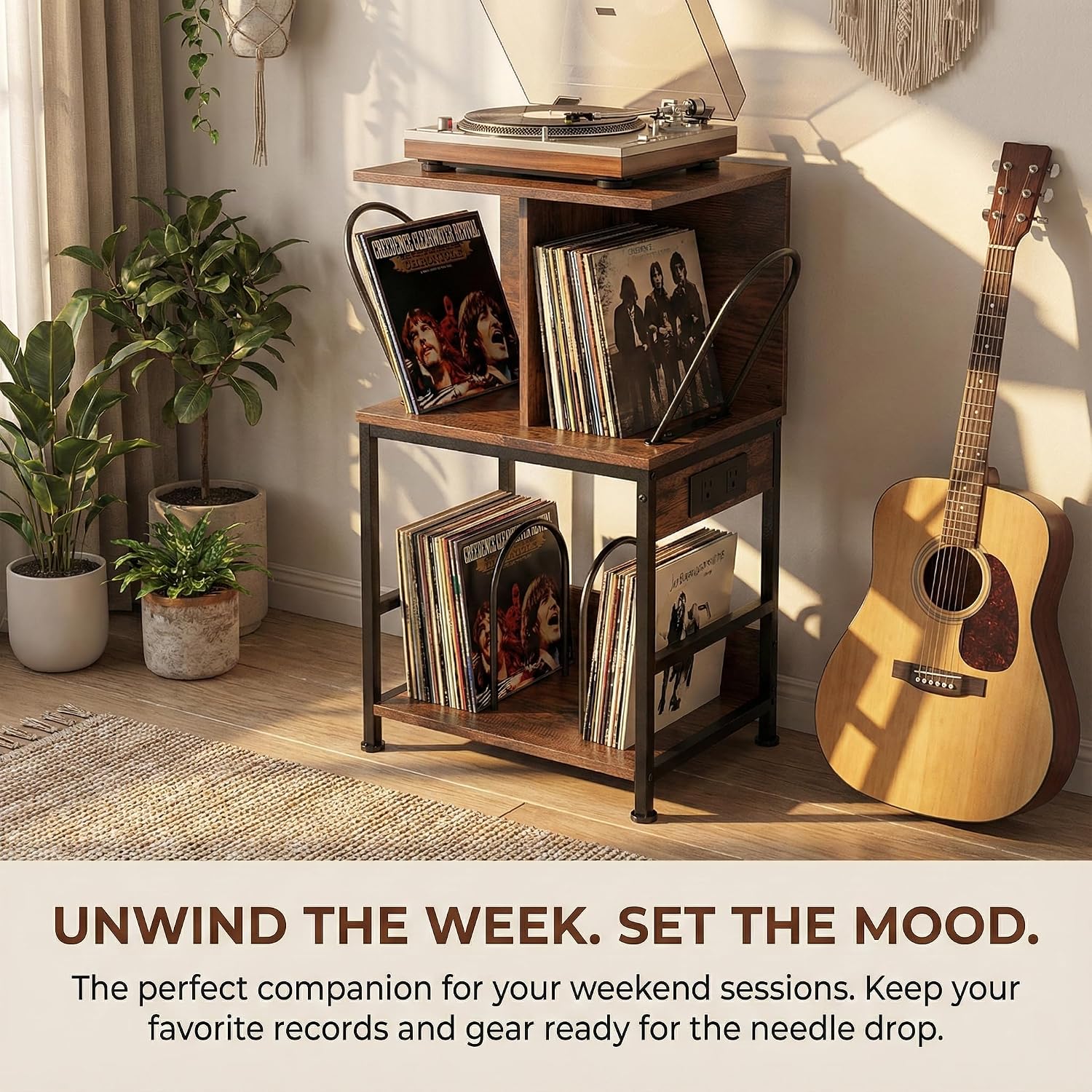 Record Player Stand with Vinyl Storage, Large Record Table Holds 180 Albums, Vinyl Record Storage Stand with USB Charger, Multi-Functional Side Table & Shelf for Living Room Bedroom