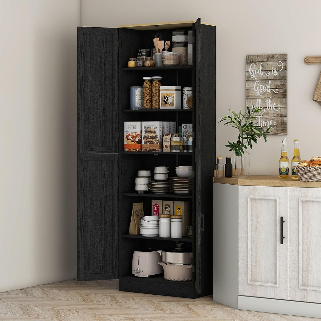 4-Door Mid-Century Freestanding Kitchen Pantry Cabinet with Full Adjustable Shelves, Distressed Black Finish and Classic Design