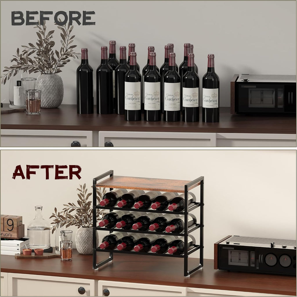 4-Tier Wine Rack Countertop, 15 Bottle Wine Rack for Inside Cabinet, Metal Wine Bottle Holder with Table Top, Wine Storage Shelf for Kitchen, Bar, Dining Room