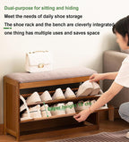 Bamboo Shoe Bench with Foldable Drawers & Cushion Entryway Stool Breathable Narrow Shoe Rack FreeStanding Footwear Organizer for Hallway Bedroom Living Room