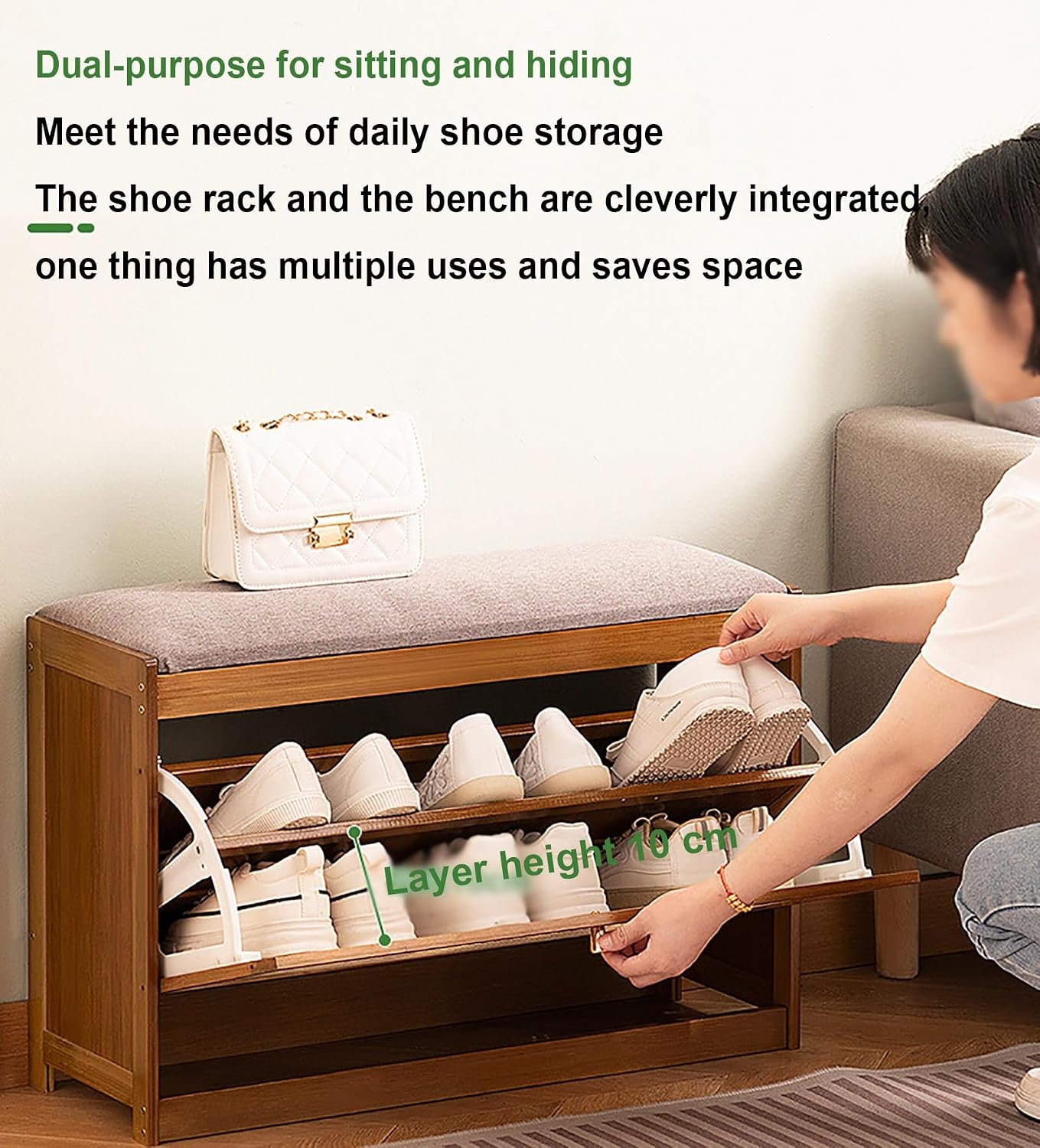 Bamboo Shoe Bench with Foldable Drawers & Cushion Entryway Stool Breathable Narrow Shoe Rack FreeStanding Footwear Organizer for Hallway Bedroom Living Room