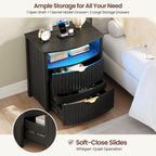 Dystler Fluted Night Stand with Gun Drawer & Card-Lock, 19.7" W Curved Nightstand with Charging Station and LED Lights, 2 Drawers Smart Bedside Table for Bedroom (1, Black)