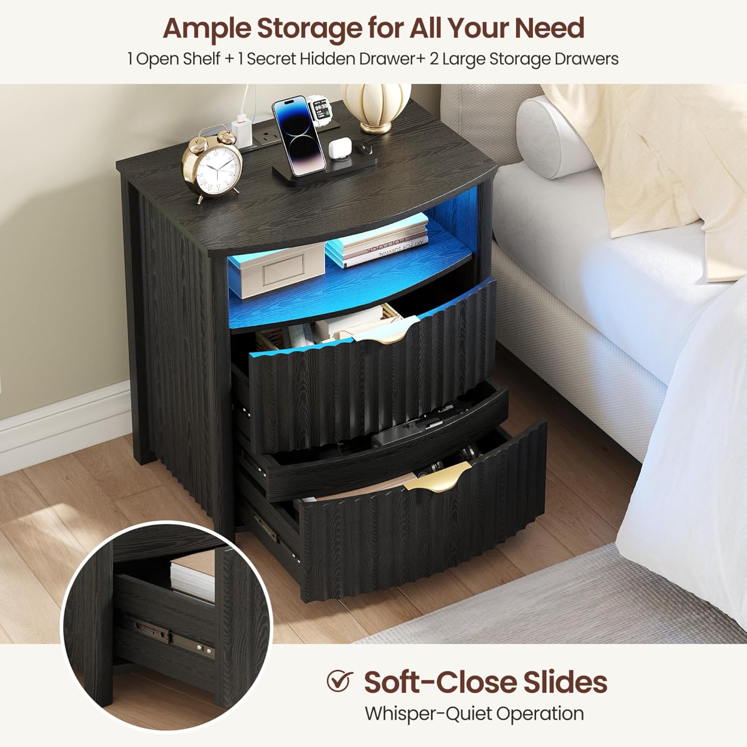 Dystler Fluted Night Stand with Gun Drawer & Card-Lock, 19.7" W Curved Nightstand with Charging Station and LED Lights, 2 Drawers Smart Bedside Table for Bedroom (1, Black)