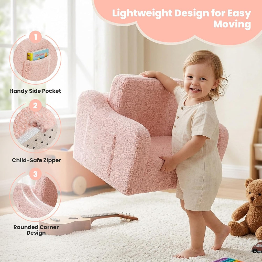 Toddler Couch 2-in-1 Fold Out Kids Sofa, Soft Comfy Lounger with Washable Cover Pocket, Kids Couch for Reading, Perfect for Bedroom, Playroom, Living Room, Gift for Girls Boys Age 1-3, Pink