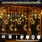 Moon Star Curtain String Lights, 11.5ft 120LED Moon Fairy Lights with USB & Battery Operated(Not Include) 8 Lighting Modes IP65 Waterproof Starry Night Lights for Christmas Ramadan Wedding Birthday